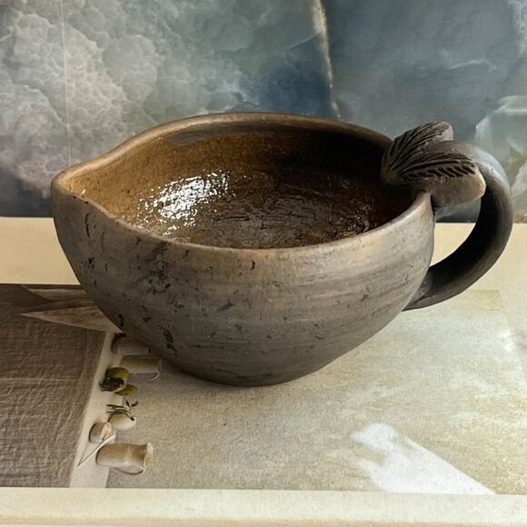 Pottery Art Sauce Bowl With Handle Brown Ceramic Speckled Matte & Glazed - Picture 4 of 6
